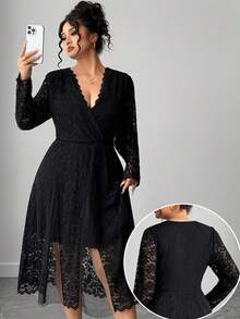 Elenzga Vestido midi elegante de encaje de unicolor talla grande, adecuado para ir al trabajo - Negro - Ver 1