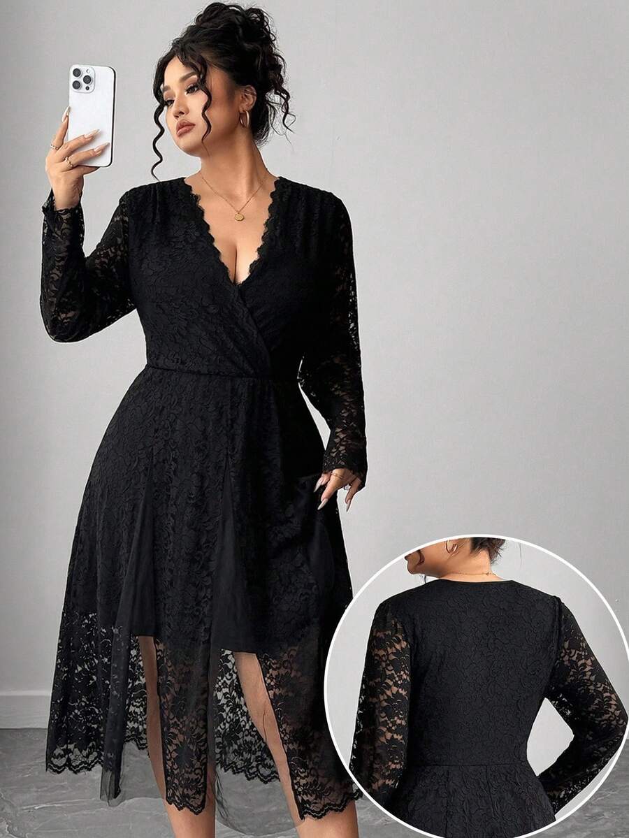 Elenzga Vestido midi elegante de encaje de unicolor talla grande, adecuado para ir al trabajo - Negro - Ver 1