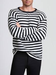 INAWLY Men's Casual Striped Round Neck Drop Shoulder Long Sleeve Knit Sweater, Autumn - Multicolor - View 3