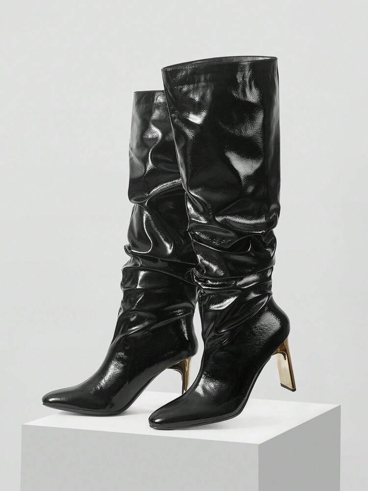 BOTAS ALTAS HASTA LA RODILLA DE TACÓN BAJO CÓMODAS PARA MUJER, NEGRO