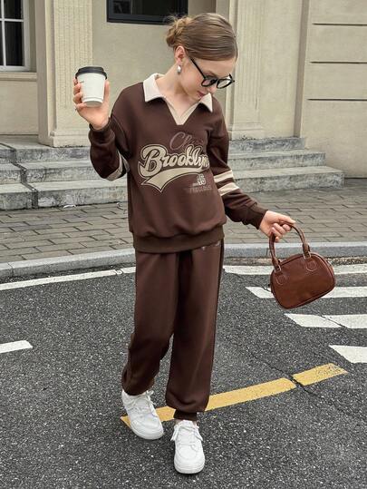 SHEIN 2pcs Girls Colorblock Polo Collar Long Sleeve T-Shirt With Letter Print + Solid Color Pants, Sporty Casual Outfit Suitable For Daily Wear, Back To School, Sports In Spring And Autumn Fall Winter