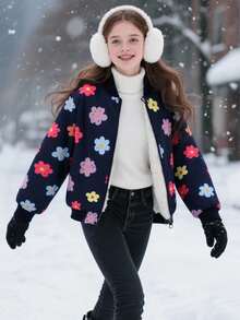 SHEIN 少女甜美清凉保暖外套，时尚印花休闲外套，适合上学、日常穿着和外出游玩 - 藏蓝色 - 查看 3