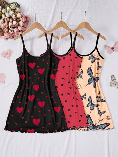 SHEIN 3件套女士心形蝴蝶结印花针织吊带睡袍套装