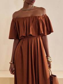 Zivah 2025 秋冬新品，音乐节，毕业季，学院风，学生装，日常休闲，度假，海滩，街头风，通勤优雅，露肩荷叶边连体裤，纹理面料，西装面料，有口袋，棕色连体裤 - 棕色 - 查看 7