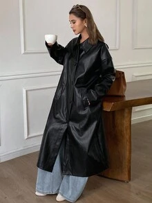 Livesso 女式秋季 PU 皮革长款翻领风衣 - 黑色 - 查看 4