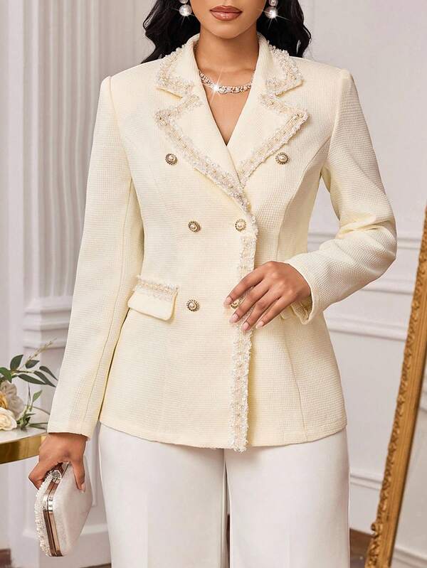 SHEIN Lady 女式秋季仿珍珠装饰翻领长袖双排扣优雅西装外套