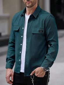 Manfinity Homme Áo sơ mi nhung kẻ tay dài cài nút đơn giản, đơn giản, thường ngày cho nam, thu đông - Màu xanh lá cây đậm - Xem 4