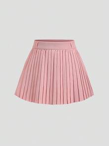 SHEIN Unity 甜美粉色高腰飘逸修身休闲针织性感A字JK百褶迷你裙，校园女孩风格 - 粉色 - 查看 1