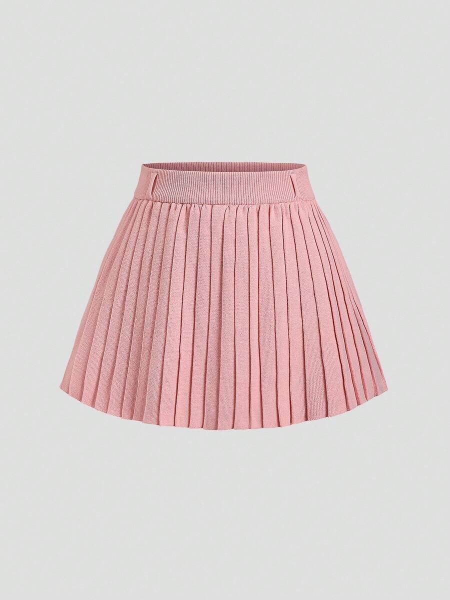 SHEIN Unity 甜美粉色高腰飘逸修身休闲针织性感A字JK百褶迷你裙，校园女孩风格 - 粉色 - 查看 1
