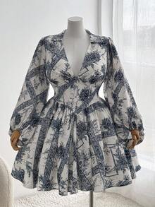 Sweetra 大码女式碎花印花收腰长袖优雅休闲度假衬衫裙 - 彩色 - 查看 2