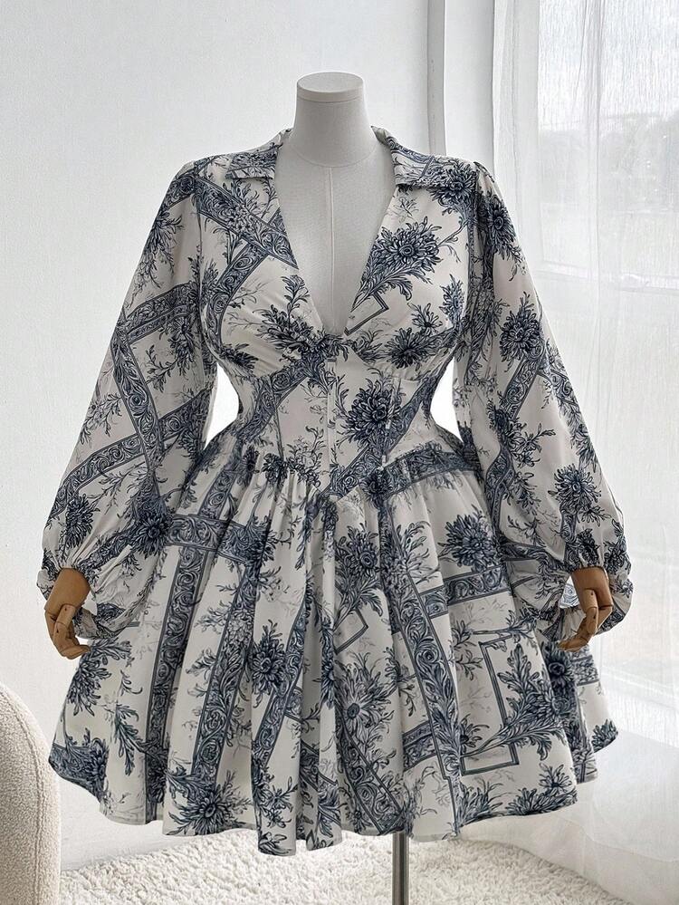 Sweetra Plus Size Women Floral Print Waist Cinched Long Sleeve Elegant Casual Vacation Shirt Dress - Multicolor - View 2