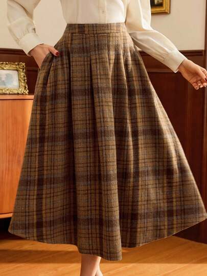 Vintamour Vintage Elegant Women Pleated Pocket Plaid Skirt Casual Holiday Maxi Skirt, Autumn Fall Winter Christmas Brown Skirt School