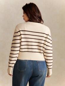 Elaquor Plus Size Women Striped Long Sleeve Casual Knit Cardigan, Autumn/Winter - Brown - View 2