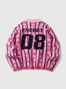 ROMWE MEN Prep 男士刺绣条纹提花针织毛衣，宽松短款，秋冬 - 粉色 - 查看 2