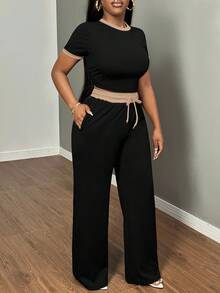 SHEIN SXY Bộ 2 món áo ngắn tay ôm sát màu tương phản gợi cảm và quần dài Bộ đồ hai mảnh thoải mái thường ngày cho nữ Bộ đồ hai mảnh cao - Nhiều màu - Xem 8