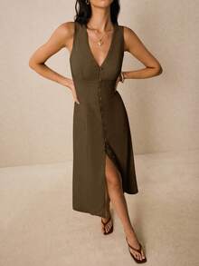 Poéselle Váy suông cổ chữ V không tay màu trơn đơn giản dành cho nữ - màu nâu - Xem 5