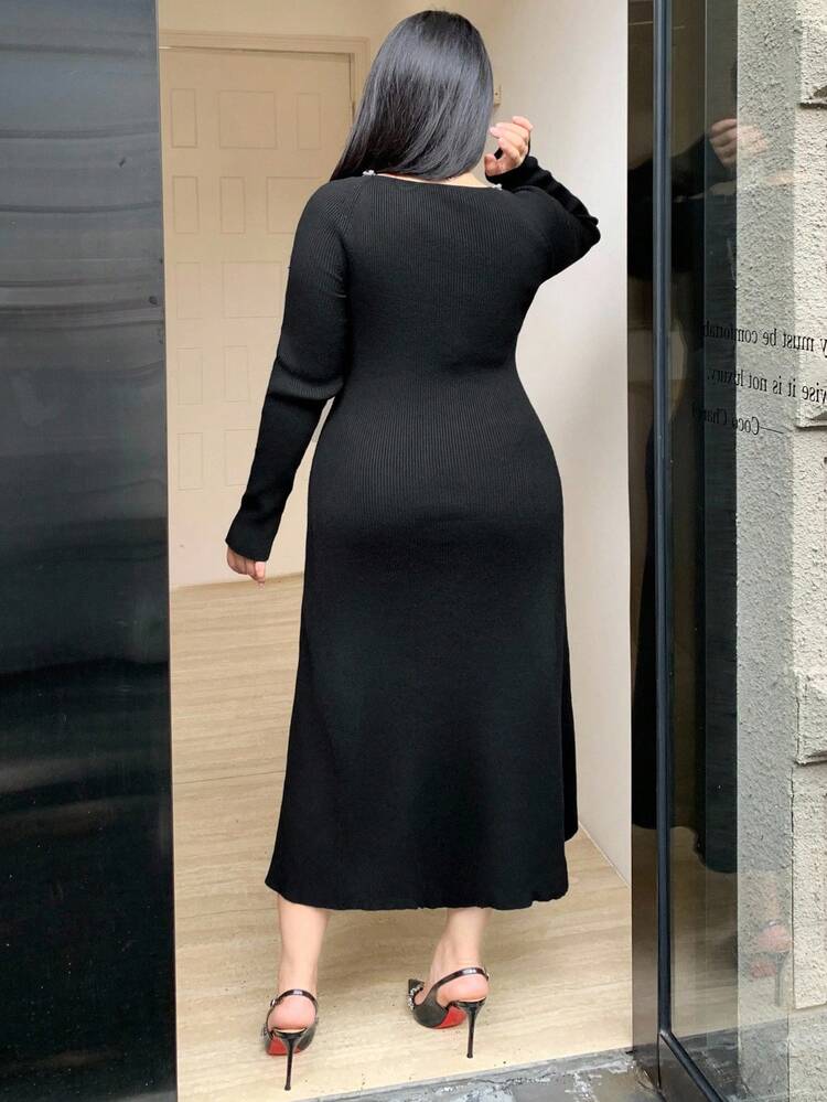 Dazy Plus Plus Size Women's Deep V-Neck Rhinestone Decor Bodycon Party Long Sleeve Maxi Sweater Dress, Autumn/Winter Prom Dress
