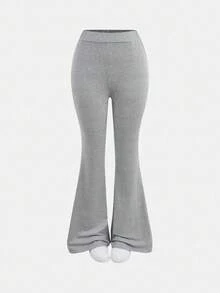 Teen Girls High Waist Elastic Tummy Control Flare Pants, Casual, Sporty, Loungewear, Streetwear Fall Winter - Grey - View 7