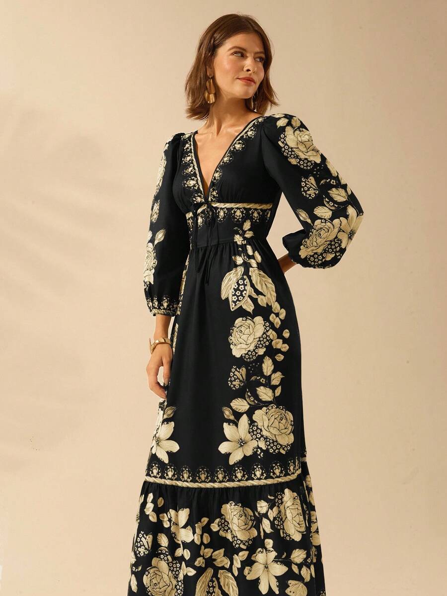 CAJUNI 女士热带花卉印花V领长袖露背长裙，度假风格 - 黑色 - 查看 1