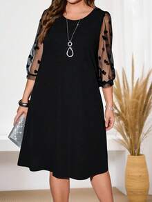 Miaspire 大码情人节纯色蕾丝拼接圆领简约休闲短款连衣裙，爱心图案，春夏款 - 黑色 - 查看 4