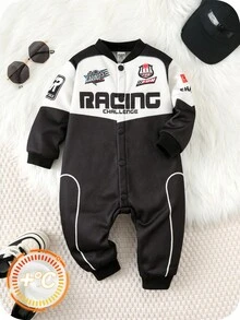 SHEIN 男婴加厚撞色字母印花拼接时尚可爱赛车连体裤，舒适百搭时尚休闲，适合秋冬季室内、户外滑雪、日常、运动、玩耍、派对、摄影 - 黑色 - 查看 1
