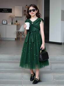 SHEIN Tween Girl Ruffle Trim Star Print Mesh Dress,Holiday,Summer,Travel Summer Holiday