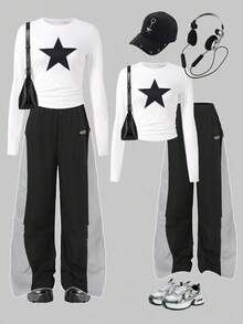 2pcs/Set Teenage Girls' Fashion Round Neck Casual Cropped Long Sleeve Top & Colorblock Cargo Pants Outfit Fall Winter - Black and White - View 1