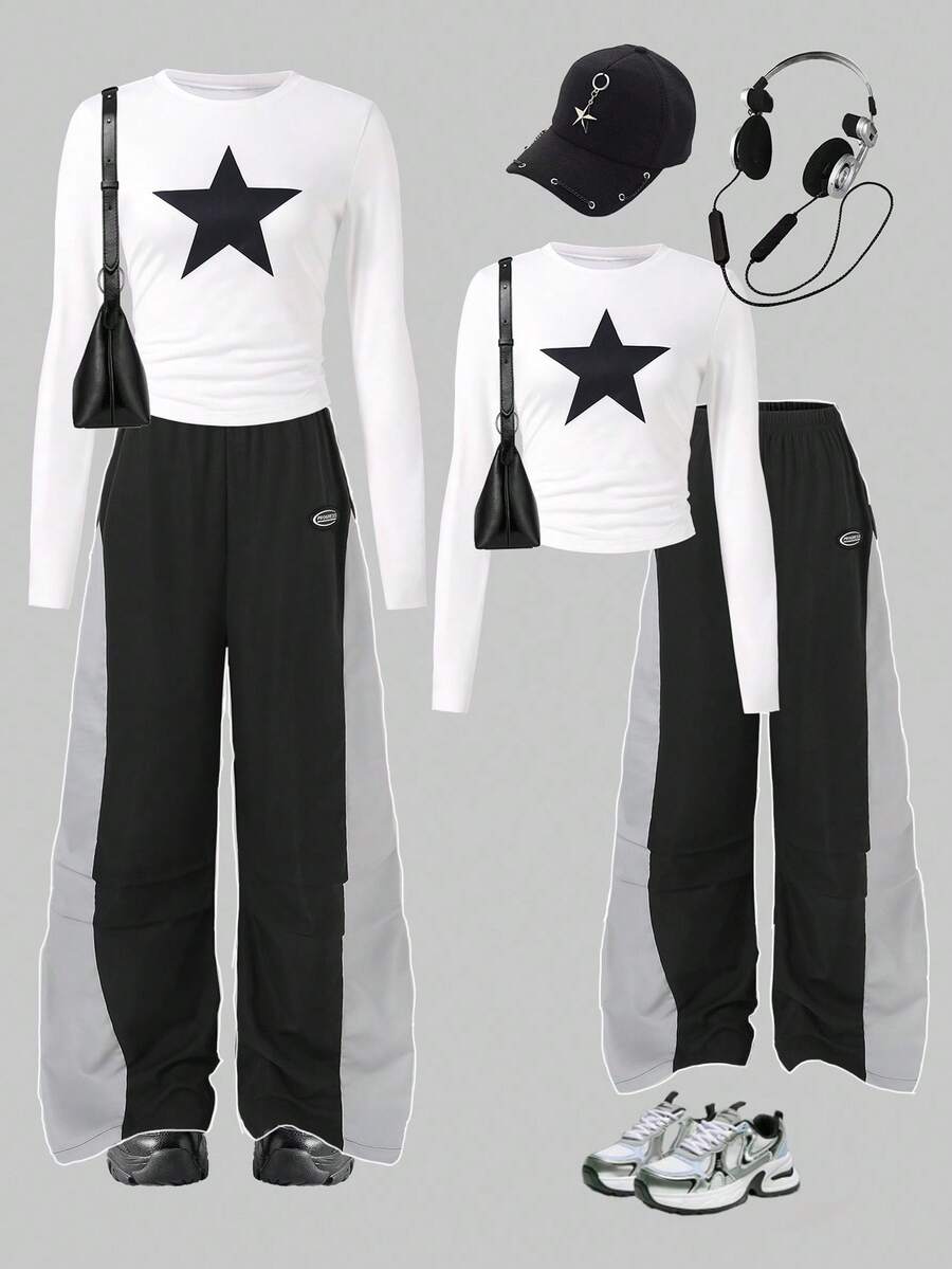 2pcs/Set Teenage Girls' Fashion Round Neck Casual Cropped Long Sleeve Top & Colorblock Cargo Pants Outfit Fall Winter - Black and White - View 1