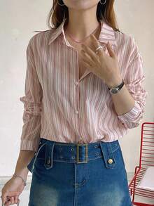 DAZY 女式宽松常规条纹领衬衫，春夏秋季上衣长袖上衣 - 粉色 - 查看 3