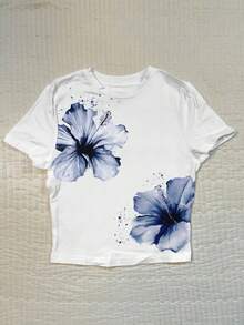 SHEIN Attitoon 女士圆领短袖合身度假花卉蓝色印花T恤，适合夏季，Y2K - 彩色 - 查看 4