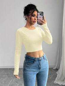 EMERY ROSE Camiseta feminina cropped com amarração nas costas, manga comprida, gola redonda - Luz amarela - Ver 7