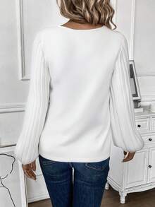 EMERY ROSE 女式纯色V领罗纹长袖休闲宽松T恤，秋季