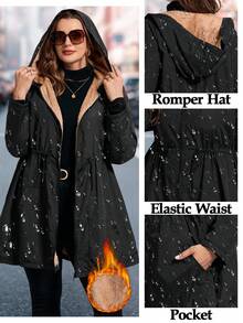 SHEIN Clasi معطف مبطن للنساء كبيرات الحجم، معطف مبطن أنيق باللون الأسود مع بطانة، معطف مبطن مزود بقلنسوة، معطف مبطن مخصر مع جيوب، ملابس شتوية للنساء، جاكيت شتوي للنساء، ملابس شتوية للنساء، إطلالات شتوية للنساء