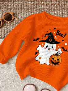 Baby Boy Halloween Pumpkin & Ghost Pattern Drop Shoulder Sweater