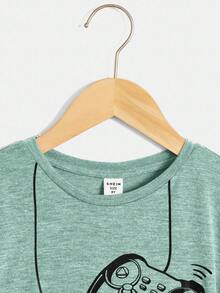 SHEIN Tween Boy Video Game Graphic Dropped Shoulder T-Shirt, Casual & Comfortable For Daily Wear, Summer - Green - View 3
