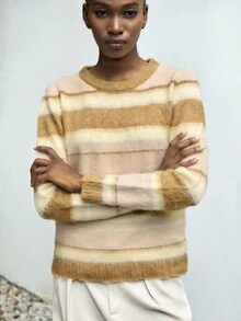 SHEIN X Jwoww Lumivelle Multi-Color Striped Patchwork Slim Fit Pullover Sweater, Autumn/Winter - Multicolor - View 5