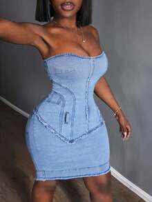 Slaydiva Đầm hở lưng denim cỡ lớn - Màu xanh lam - Xem 3