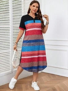 SHEIN LUNE 大码女式多色条纹纽扣前襟和袖口装饰母亲节连衣裙夏季 - 彩色 - 查看 4