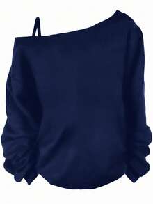 EMERY ROSE Plus Size Women Asymmetrical Shoulder Strap T-Shirt With Casual Minimalist Skull Girl Print, Suitable For Halloween, Back To School Season, Fall And Winter/Spring