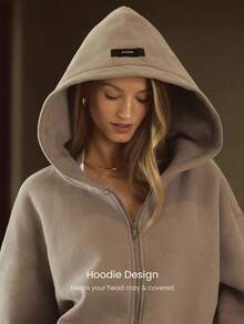 GLOWMODE 厚重羊毛超大连帽夹克，侧口袋，加厚保暖，冬季 - 卡其色 - 查看 7