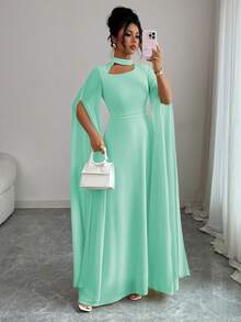 Elenzga 女士优雅法式浪漫度假风沙滩裙，雪纺透明面料，镂空领口，后背交叉系带，喇叭长裙，长袖，开衩袖口，适合下午茶、派对、中东风格、春夏季 - 薄荷綠 - 查看 7