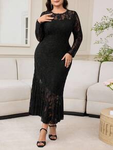 Modelyn Plus Size Women Floral Lace Round Neck Long Sleeve Fitted Elegant Dress - Black - View 5