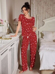 Tulorae Bow Decor Floral Print Textured Knit Women Pajama Set - Red - View 4