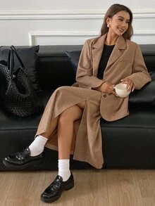 DAZY Women's Solid Color Loose Long Sleeve Lapel Pocket Blazer Jacket & A-Line Split Hem Skirt Casual Elegant Suit Set, Autumn/Winter Business Attire - Brown - View 1