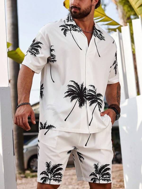 Manfinity RSRT 男士椰子樹印花落肩袖襯衫和短褲套裝