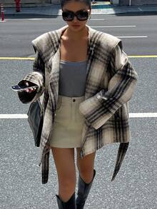 DAZY 女士优雅图案腰带常规款外套，秋冬格子女式大衣 - 灰色 - 查看 1