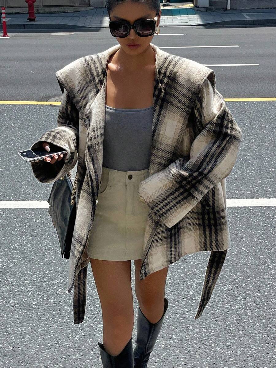 DAZY 女士优雅图案腰带常规款外套，秋冬格子女式大衣 - 灰色 - 查看 1