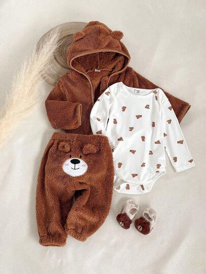SHEIN 3 st söt babypojkejacka med brunt björnöron och huva, björntryckt sparkdräkt med öppna axlar och bruna pälsbyxor, avslappnad outfit, lämplig för utomhuslek eller bekväma hemkläder, mångsidigt vinterset