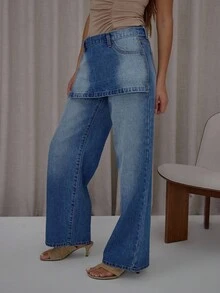 MUSERA Falda de mezclilla lavada con panel superpuesto y cinturón, elegante, linda, sexy, ropa de calle para otoño, primavera y verano - Azul lavado medio - Ver 3