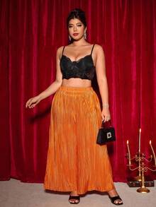 SHEIN PETITE CURVE 大码女装新款高腰宽松直筒休闲阔腿百褶裤，夏季 - 橘色 - 查看 5